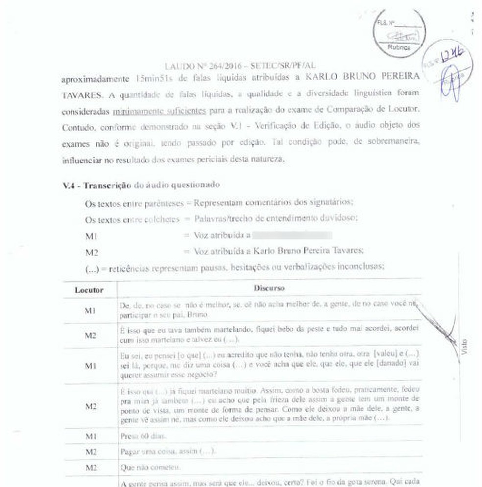 Primeira página do relatório entregue pela Polícia Federal que mostra o início da transcrição da conversa em que homem admite ter assassinado a grávida Roberta Dias, em Penedo (Foto: Reprodução)