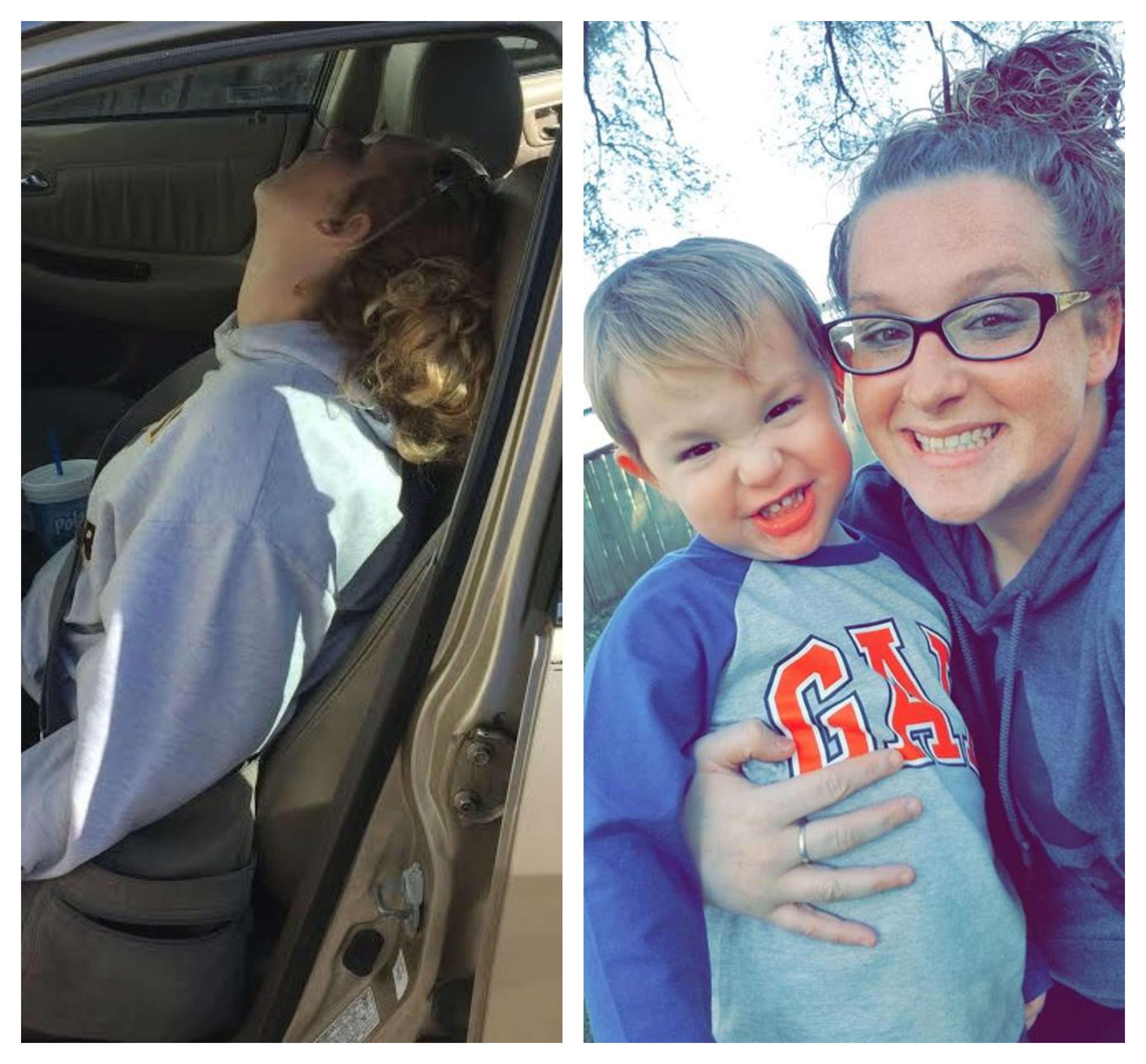 À esquerda, Erika tendo uma overdose em 2016, e à direita, ela com o filho Parker três anos depois (Foto: Arquivo pessoal)
