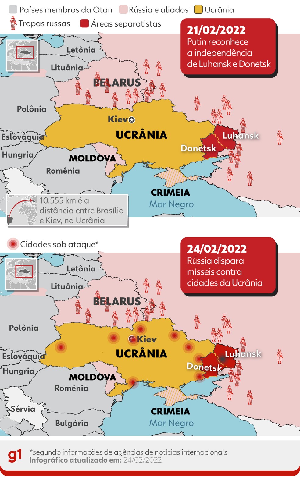Mapa mostra locais da Ucrânia que foram bombardeados em primeiro ataque feito pela Rússia — Foto: Arte g1