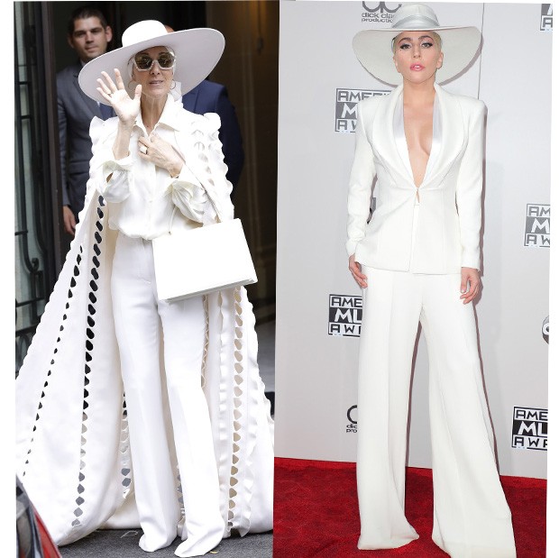 Céline Dion com look all white bem parecido com o de Lady Gaga (Foto: AKM Images)