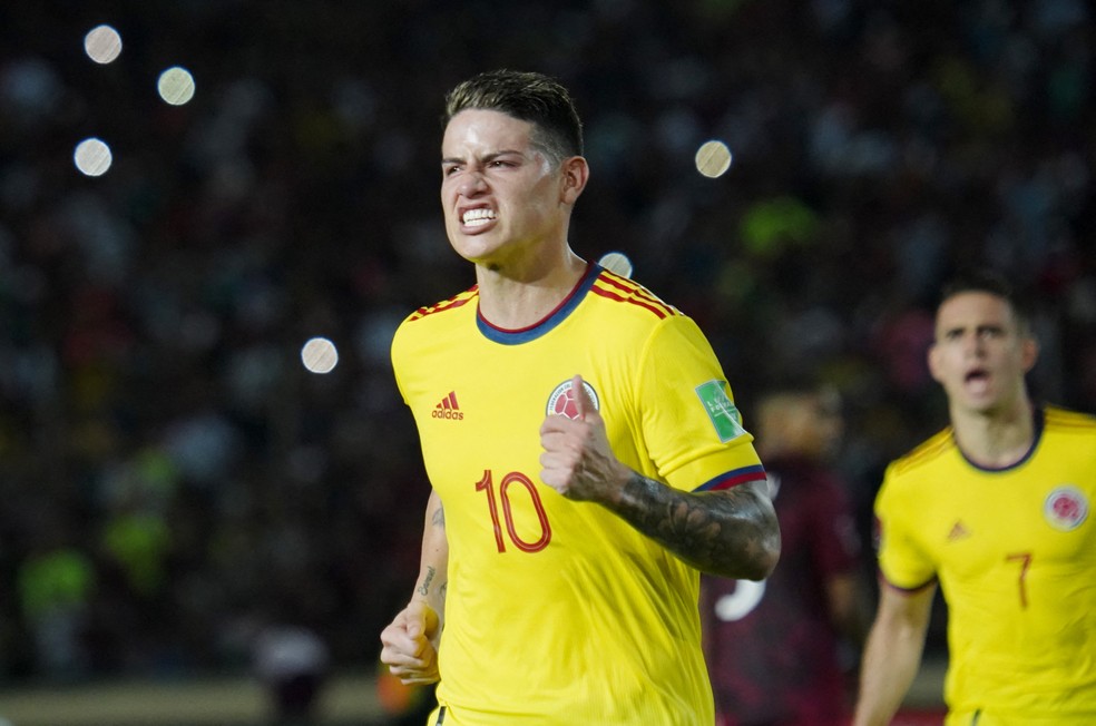 James Rodríguez comemora gol pela seleção colombiana — Foto: Manaure Quintero/Reuters