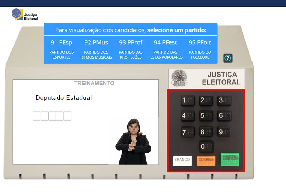 Simulador de urna eleitoral do TSE permite simular votos com números de candidatos fictícios — Foto: Reprodução/Rodrigo Fernandes