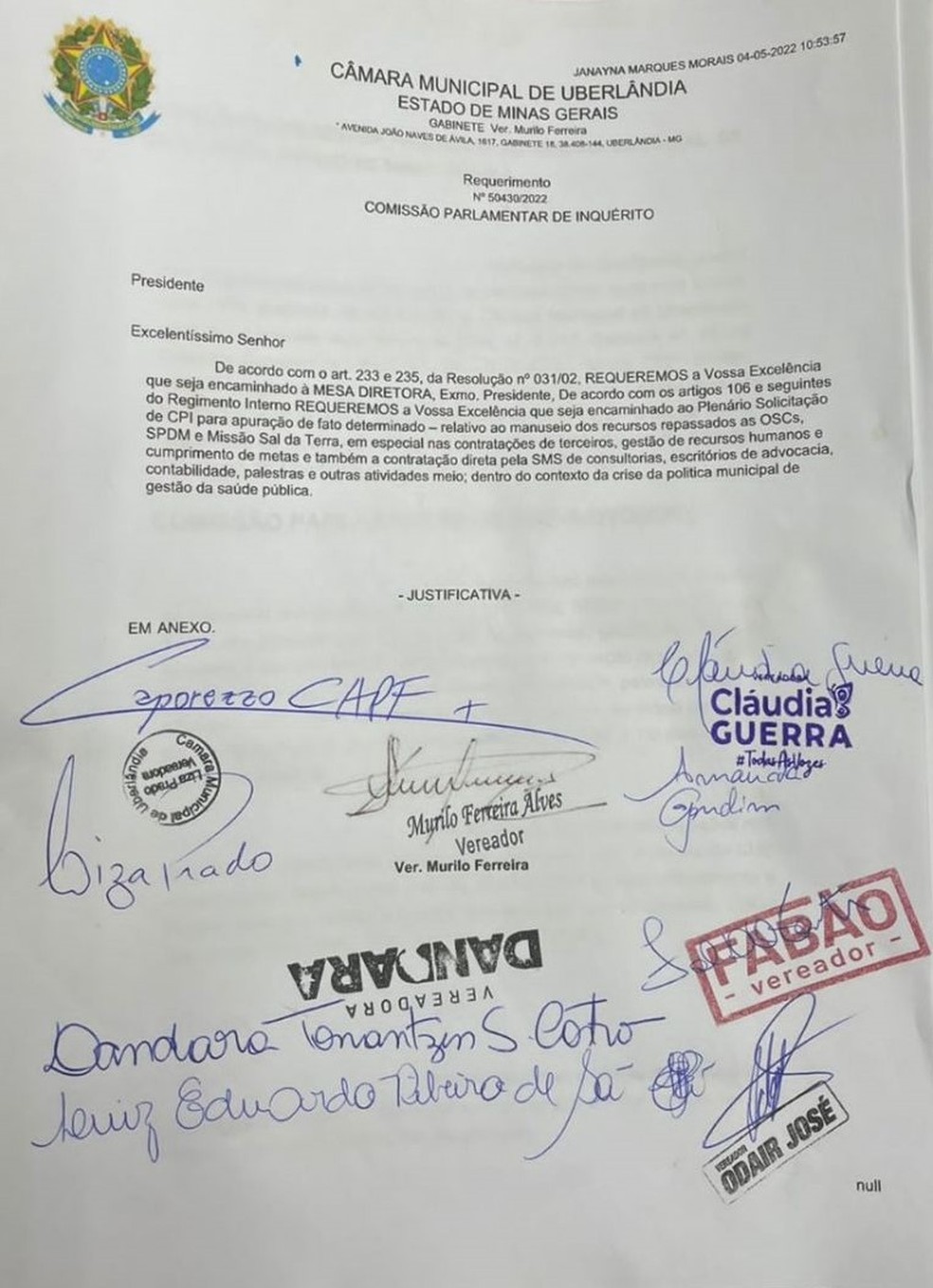 Requerimento para instalação da CPI da Saúde em Uberlândia — Foto: g1 Triângulo