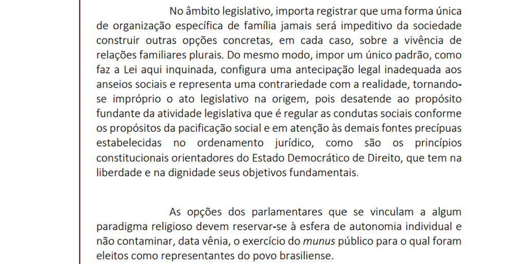 Trecho de ação direta de inconstitucionalidade protocolado no STF contra o Estatuto da Família (Foto: Reprodução)