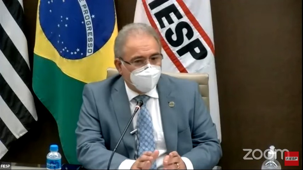 Ministro da Saúde, Marcelo Queiroga, em encontro na Fiesp, em São Paulo, na manhã desta segunda, 3 de maio — Foto: Reprodução/Youtube
