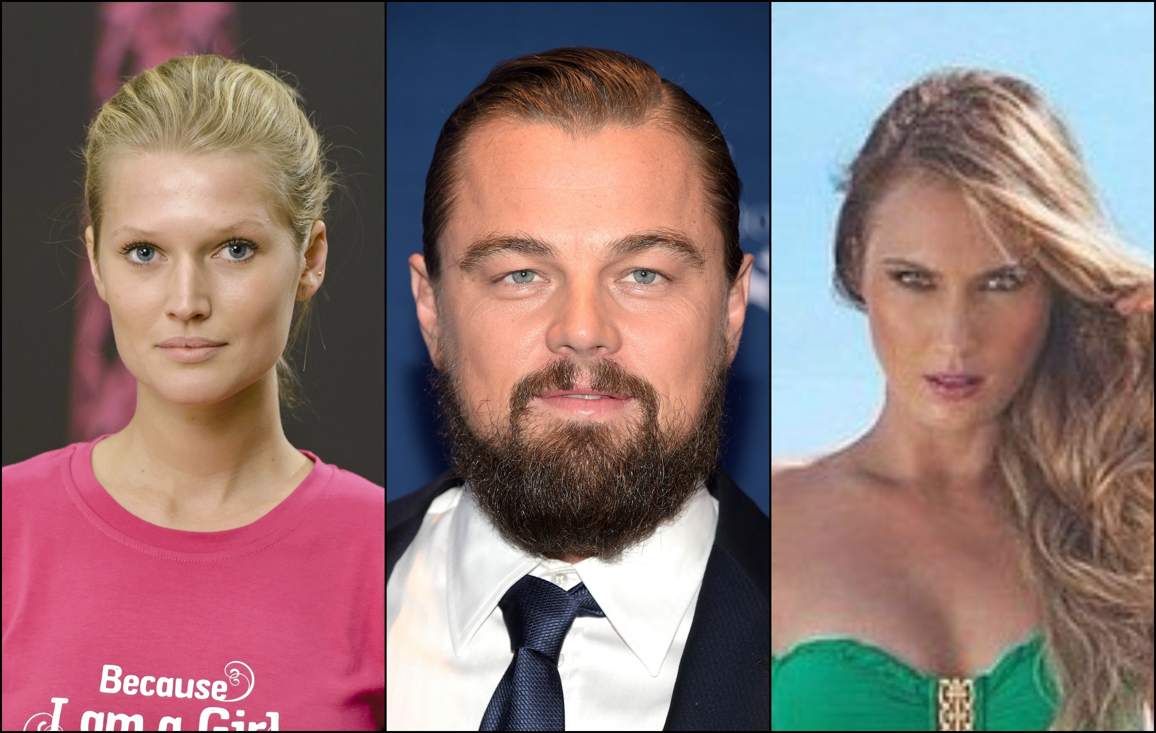 A alemã Toni Garrn (à esq.), Leonardo DiCaprio e a modelo brasileira Eliza Joenck. (Foto: Getty Images e Facebook)