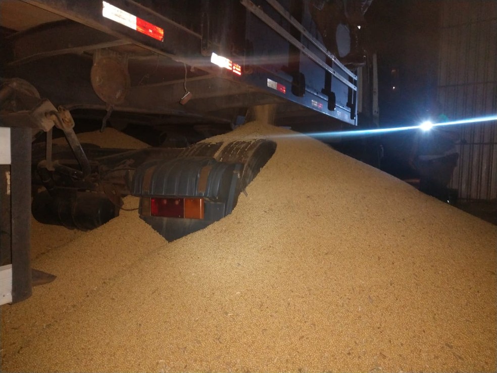 Droga estava escondida em fundo falso de caminhão que carregava soja — Foto: Cedida/Polícia Rodoviária