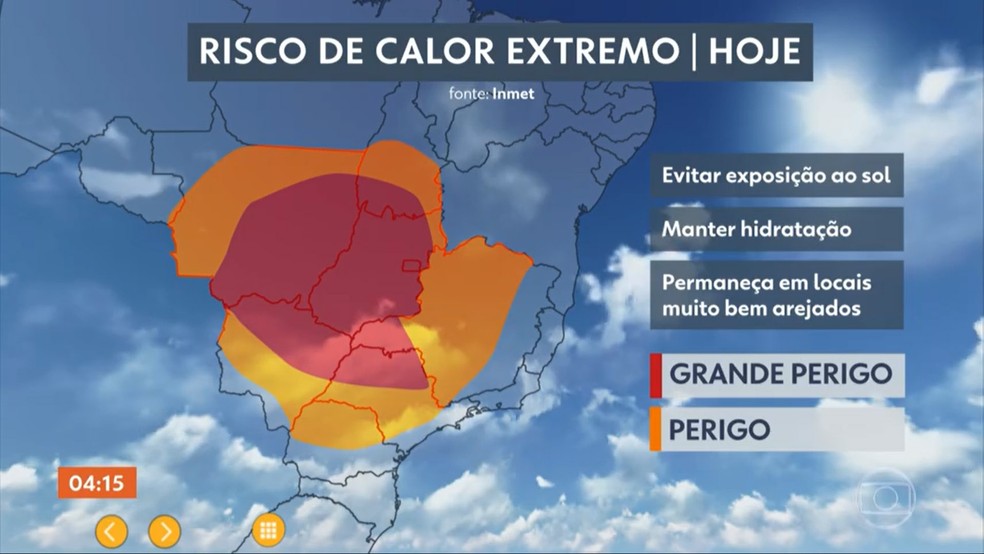 Mapa mostra estados com risco de calor extremo nesta quinta-feira (8) — Foto: Reprodução/TV Globo