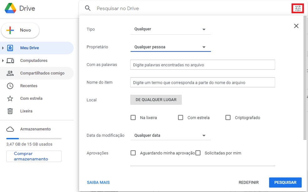 É possível usar operadores de pesquisa na barra de busca do Google Drive — Foto: Reprodução/Google Drive