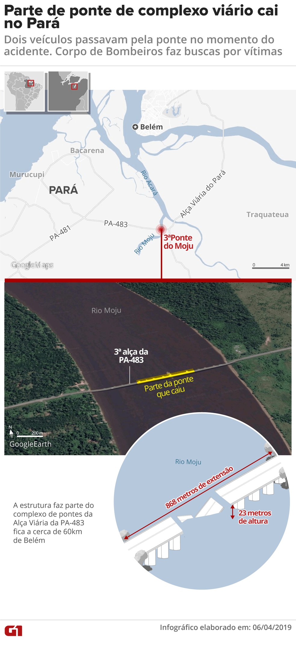 Mapa mostra ponto em que parte de ponte caiu — Foto: Juliane Souza