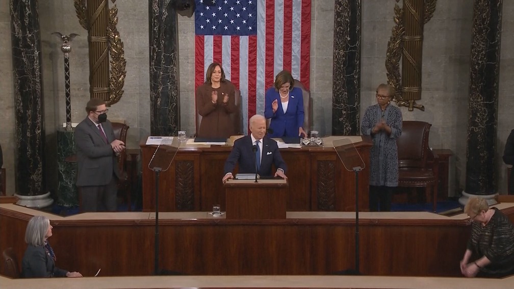 Presidente Joe Biden no Congresso para seu discurso do Estado da União. — Foto: GloboNews