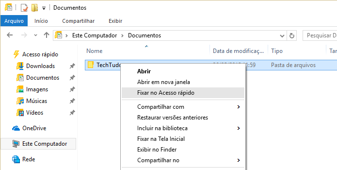 Fixando pasta ao acesso rápido do Windows Explorer (Foto: Reprodução/Helito Bijora)
