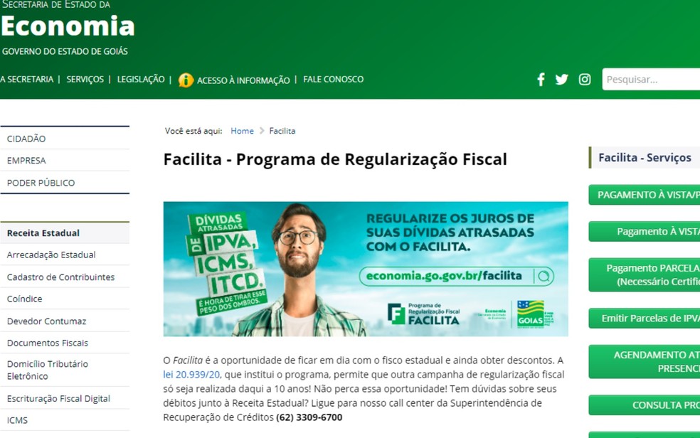 Prazo para negociar dívidas de IPVA, ICMS e ITCD com o governo é prorrogado em Goiás — Foto: Reprodução/Secretaria de Economia 