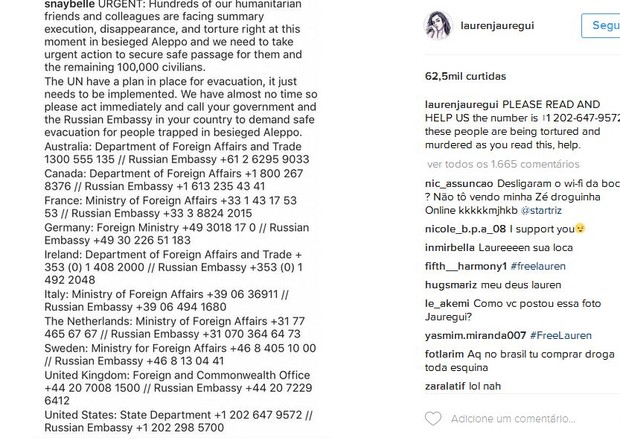 Lauren fez um post na tarde desta quarta-feira (14), no Instagram, e fãs postaram centenas de comentários (Foto: Reprodução)