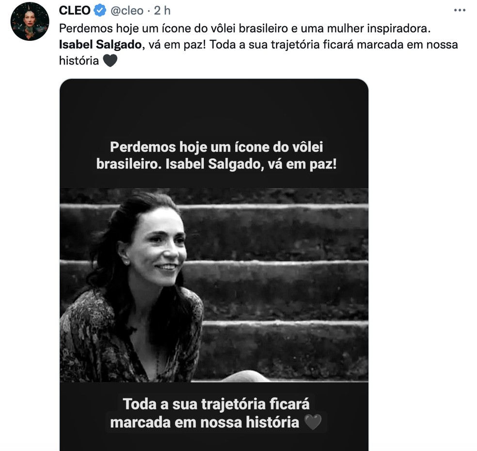 Cleo homenageou Isabel Salgado no Twitter — Foto: Reprodução / Twitter