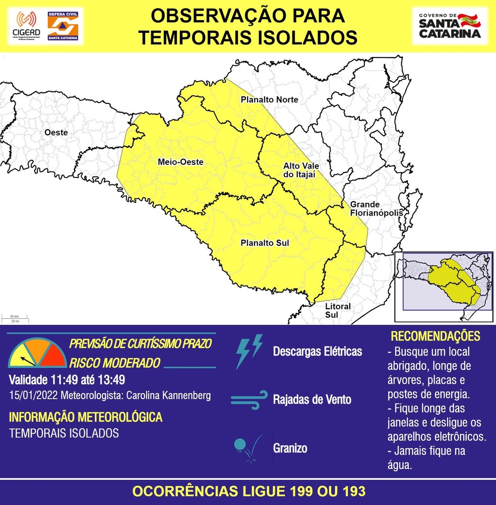 Defesa Civil emitiu comunicado de observação para temporais isolados em regiões de Santa Catarina — Foto: Defesa Civil/ Divulgação