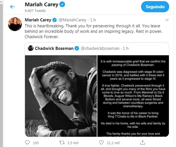 Mariah Carey lamenta morte de Chadwick Boseman (Foto: Reprodução/Twitter)