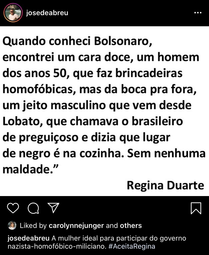 José de Abreu critica Regina Duarte em seu Instagram (Foto: Reprodução/Instagram)