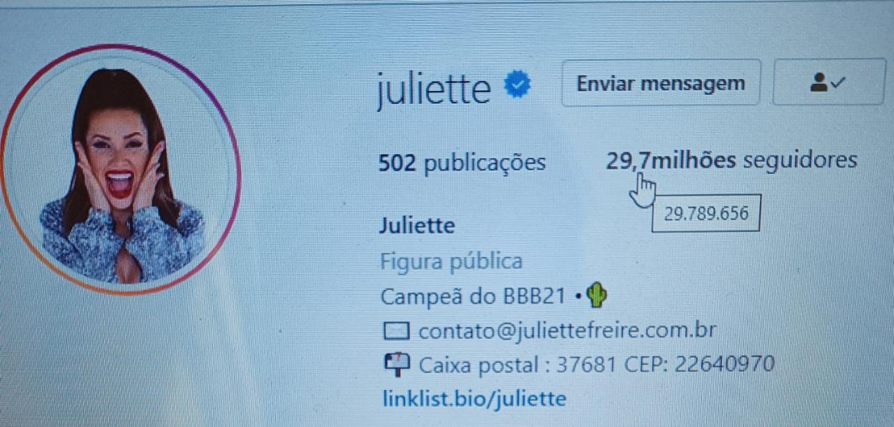 Juliette ultrapassa Sabrina Sato em número de seguidores (Foto: Reprodução/Instagram)