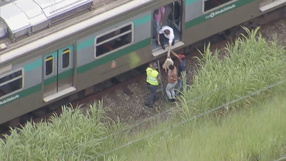 Passageiros saindo de trem da Linha 8-Diamanete nesta segunda-feira (30) — Foto: TV Globo
