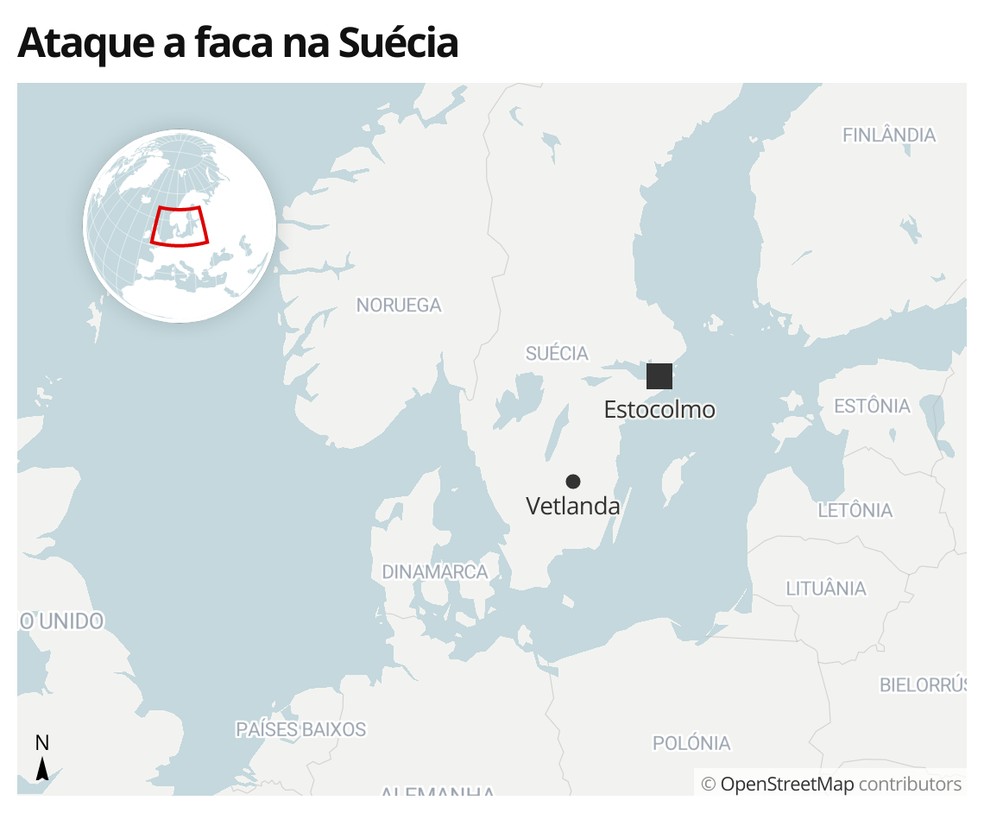 Mapa mostra cidade onde ocorreu ataque a faca na Suécia — Foto: G1