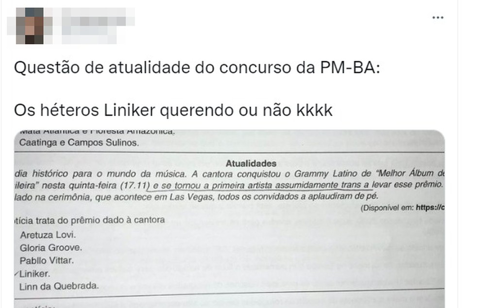 Questão do concurso da PM-BA sobre 1ª artista transgênero a conquistar Grammy Latino repercute nas redes sociais — Foto: Reprodução/Redes Sociais