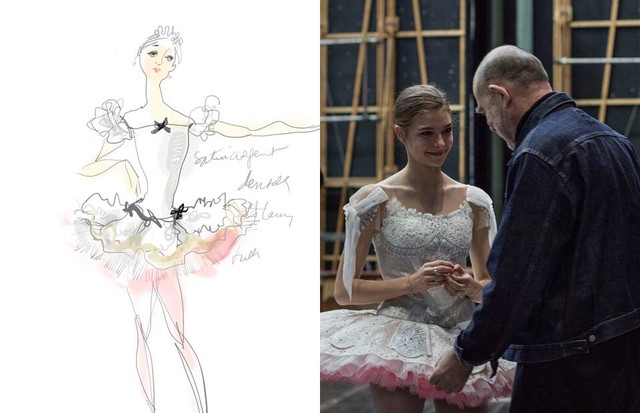 Christian Lacroix's watercolour costume illustration for A Midsummer Night's Dream and Lacroix making final adjustments during the dress rehearsal (Foto: ANN RAY; CHRISTIAN LACROIX)