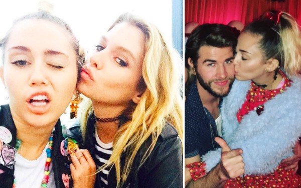 A cantora Miley Cyrus com a ex-namorada, a modelo Stella Maxwell, e com o noivo, o ator Liam Hemsworth (Foto: Instagram)