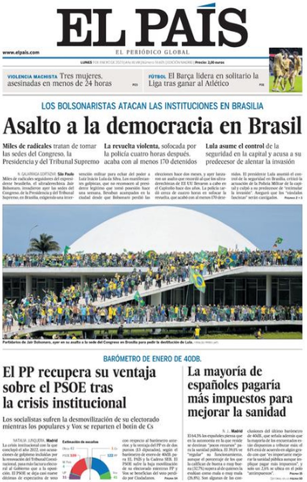 Capa do jornal El País de 9 de janeiro de 2023.  — Foto: Reprodução 