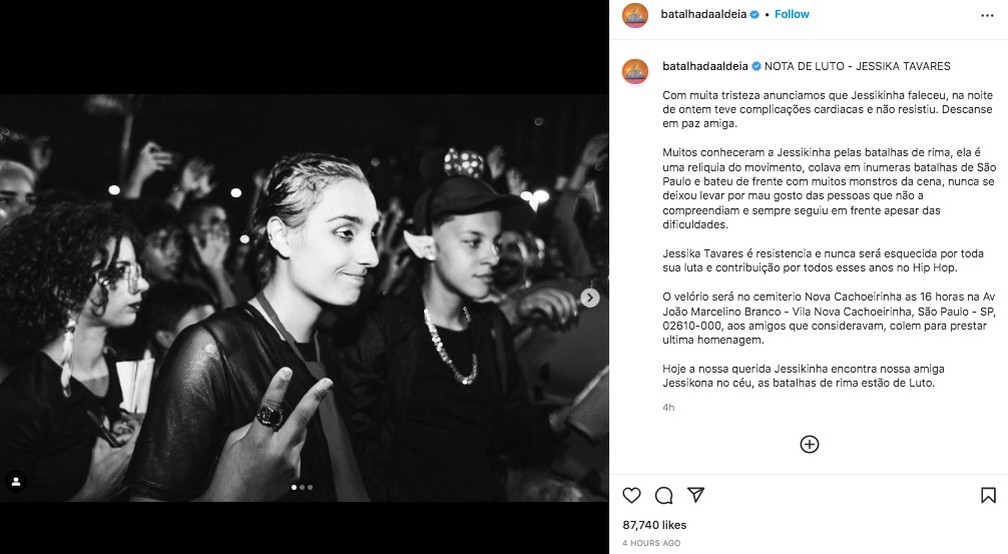 Perfil 'Batalha da Aldeia', de Barueri, na Grande SP, anuncia a morte da MC Jessikinha nesta sexta (29). — Foto: Reprodução/Instagram