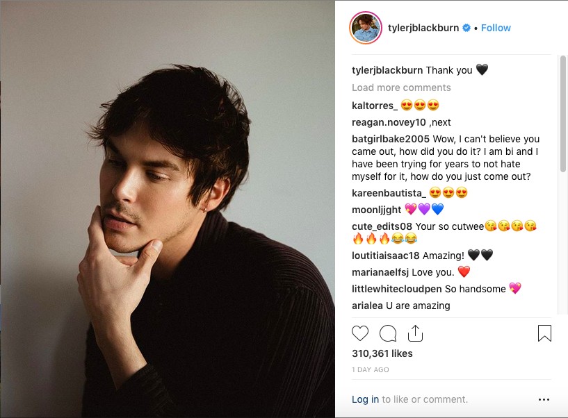 O post feito pelo ator Tyler Blackburn agradecendo o apoio dos fãs após revelar ser bissexual (Foto: Instagram)