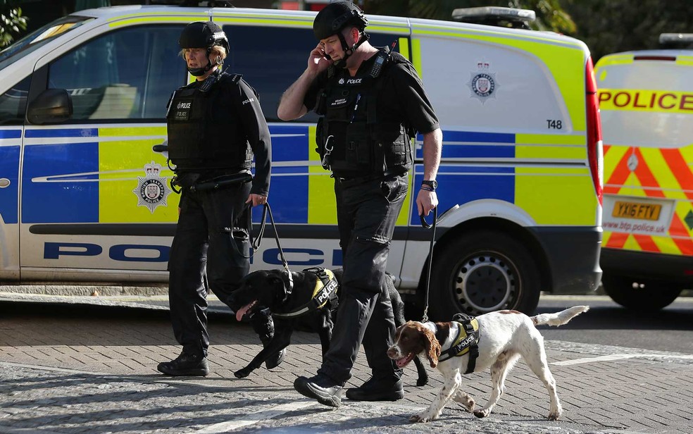 Policiais trabalham com c&atilde;es farejadores (Foto: Daniel Leal Olivas / AFP Photo)