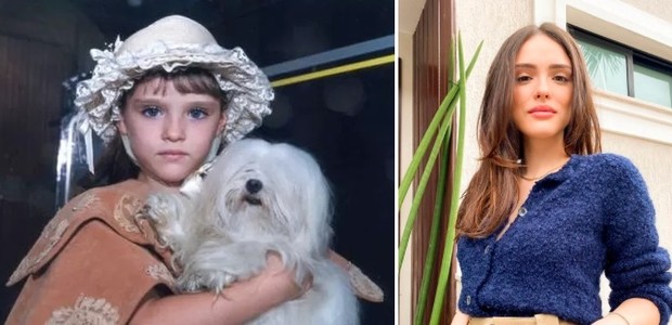 Antes e depois: Isabelle Drummond, em Os Maias (Globo, 2001), quando chegou a fazer teste com lente de contato clara, e visual atual, em 2021 (Foto: TV Globo e Reprodução/Instagram)