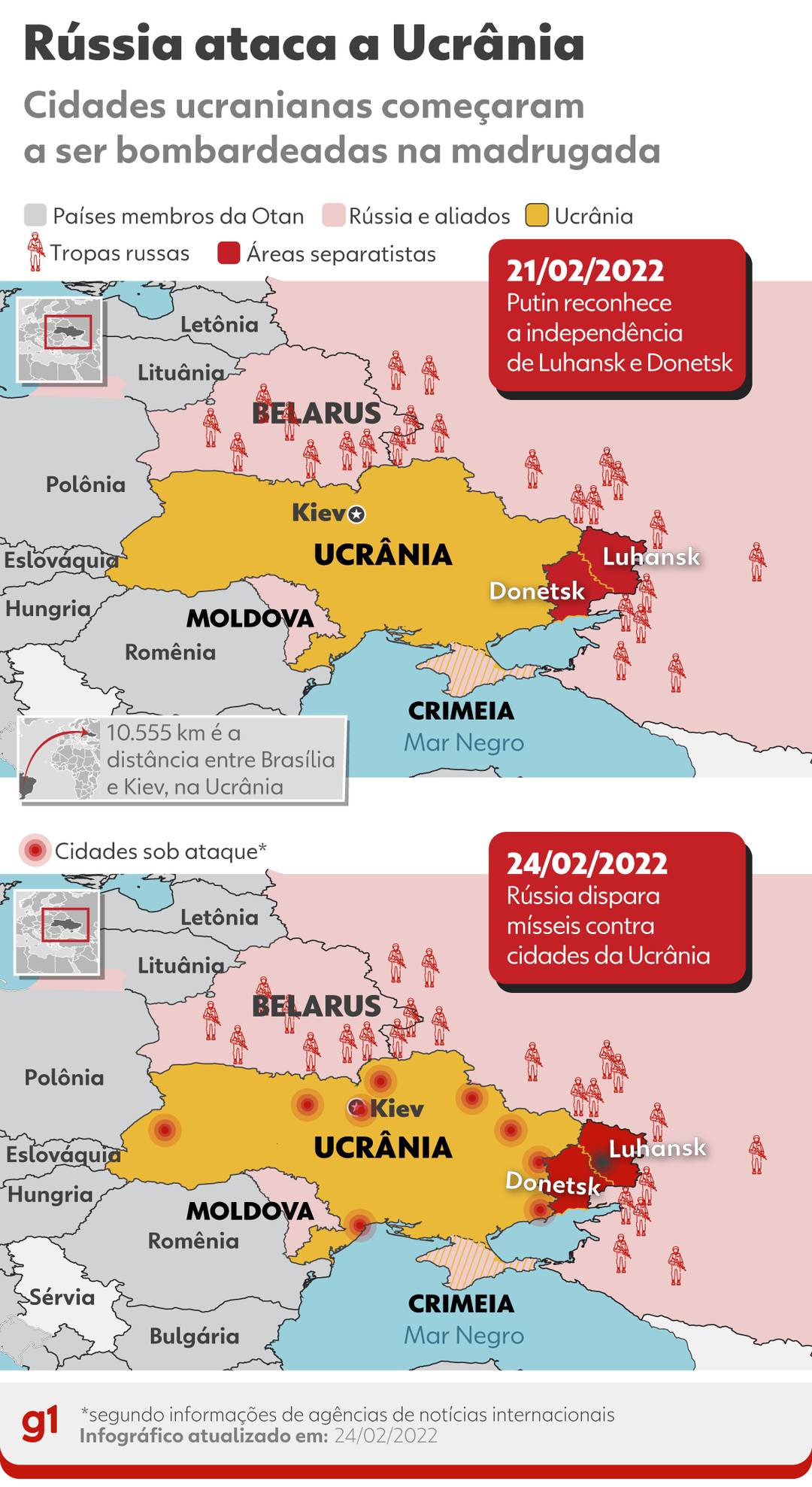 Mapa mostra locais da Ucrânia que foram bombardeados em primeiro ataque feito pela Rússia