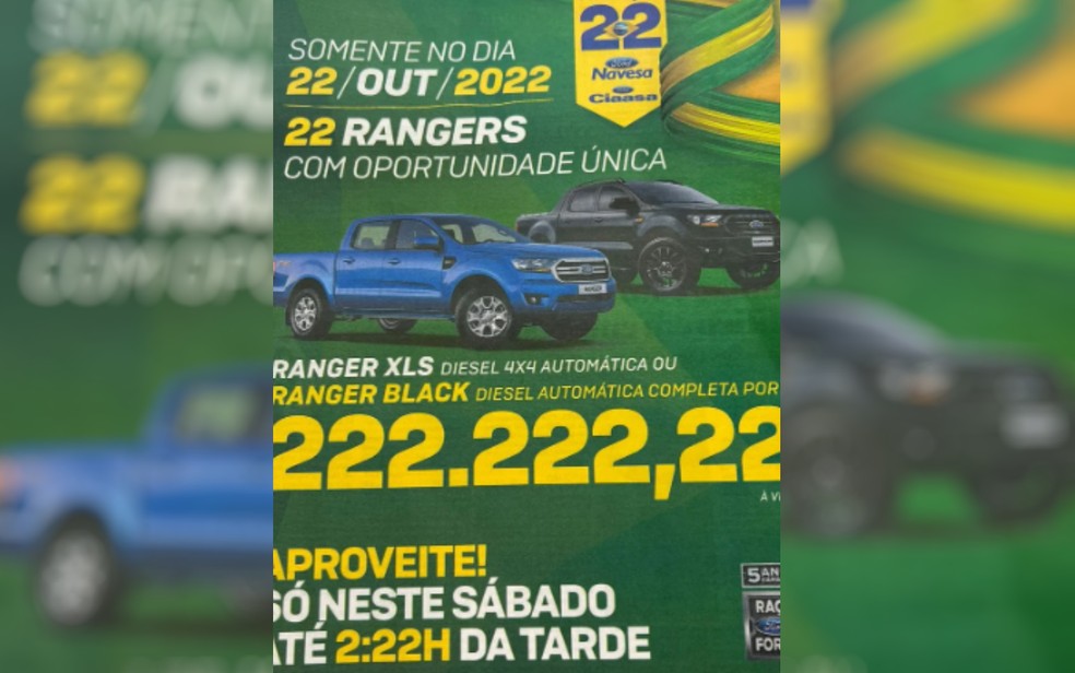 Empresários bolsonaristas fazem promoção de caminhonete a R$ 222.222,22 em Goiânia, Goiás — Foto: Reprodução/Redes sociais