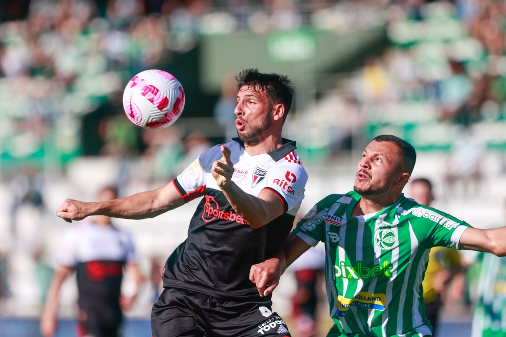 Calleri disputa a bola em Juventude x São Paulo — Foto: Luiz Erbes/AGIF