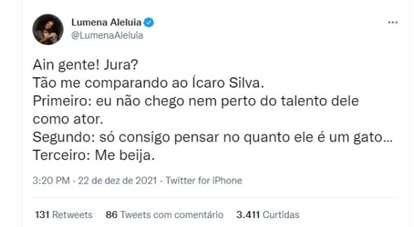 Lumena fala sobre comparação com Ícaro Silva (Foto: Reprodução/Twiter )