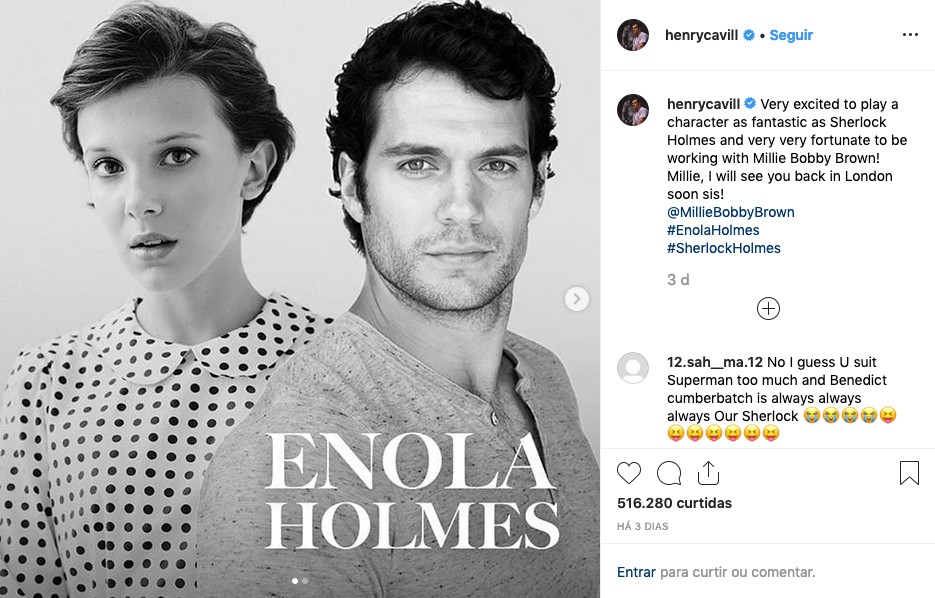 O post de Henry Cavill anunciando a presença dele como Sherlock Holmes em filme sobre a irmã mais nova do detetive (Foto: Instagram)