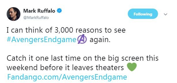 Mark Ruffalo incentiva fãs a reverem Vingadores: Ultimato nos cinemas (Foto: Reprodução / Twitter)