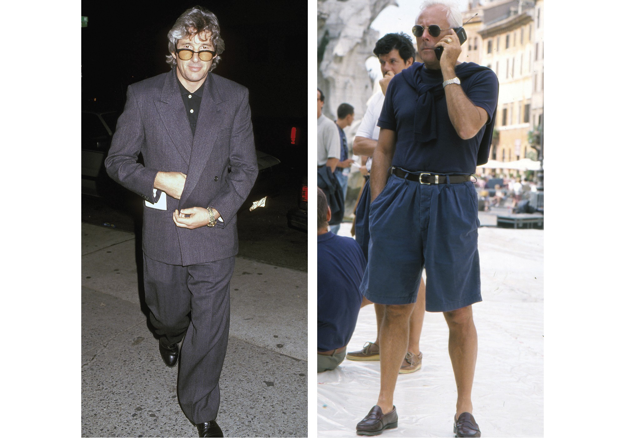 Gigolô Americano: Gere em look oversized e Armani com bermuda de pregas; os dois na década de 90 (Foto: Getty Images)