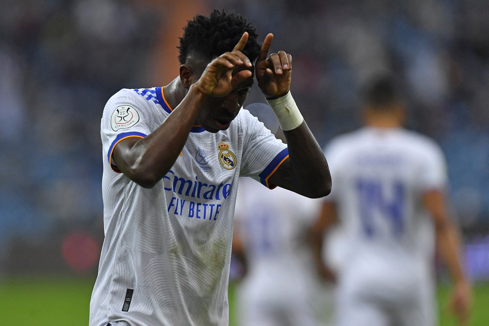 Vini Jr vive grande fase pelo Real Madrid e deve ser convocado novamente — Foto: Fayez Nureldine/AFP
