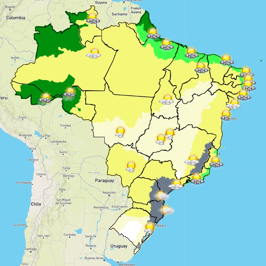 Mapa do Brasil feito pelo Inmet indica tempo nublado em boa parte do Sul e Sudeste brasileiro nesta sexta-feira (18/6) (Foto: Inmet)