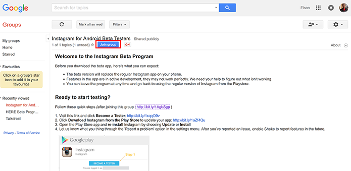 Usuário precisa entrar em grupo do Instagram no Google para baixar o beta (Foto: Reprodução/Elson de Souza)