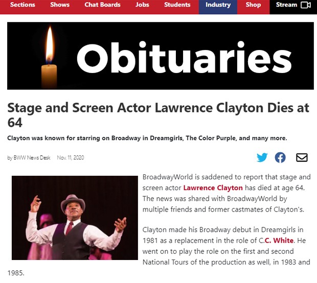 O site Broadway World noticia a morte de Lawrence Clayton (Foto: Reprodução)
