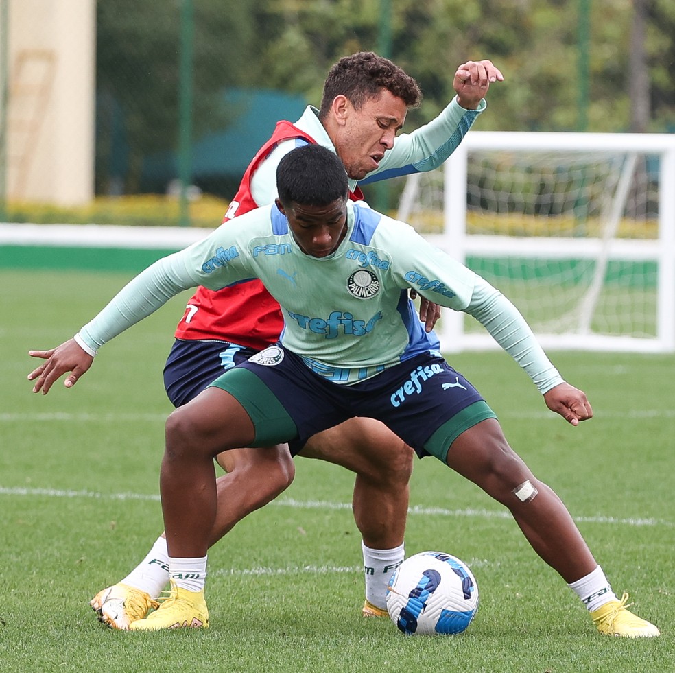 Endrick e Marcos Rocha durante treino do Palmeiras na Academia de Futebol — Foto: Fabio Menotti/Palmeiras
