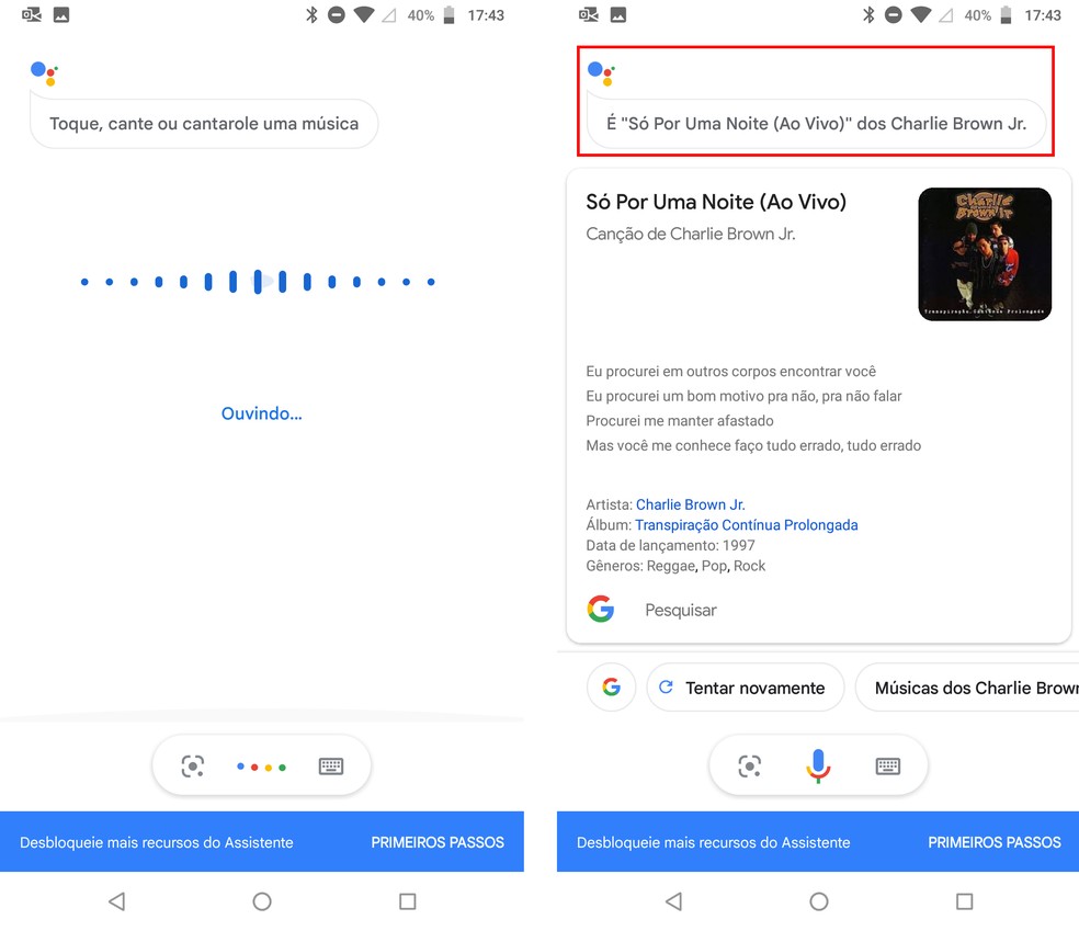 Google Assistente revela nome da música, artista e letra — Foto: Reprodução/Rodrigo Fernandes
