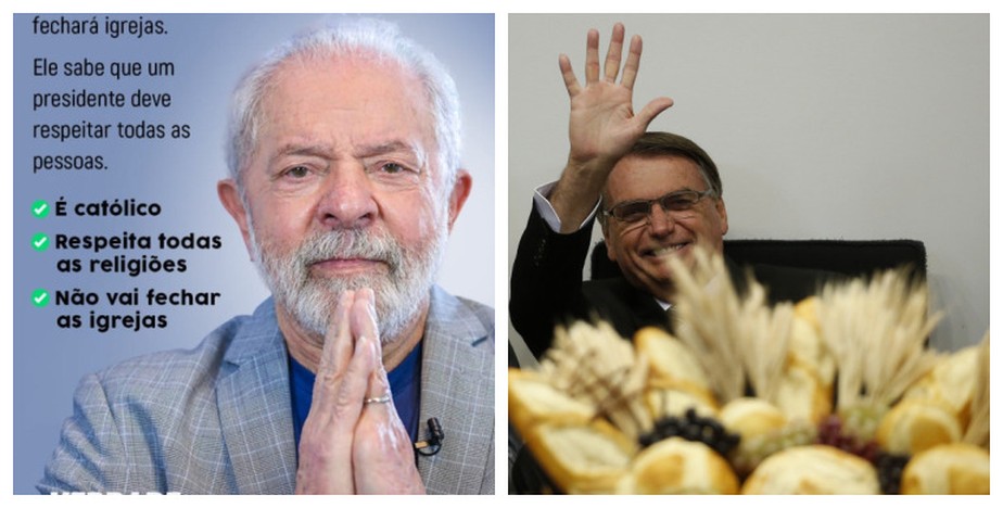 Santinho virtual de Lula à esquerda tenta combater fake news, e Bolsonaro à direita, em evento evangélico