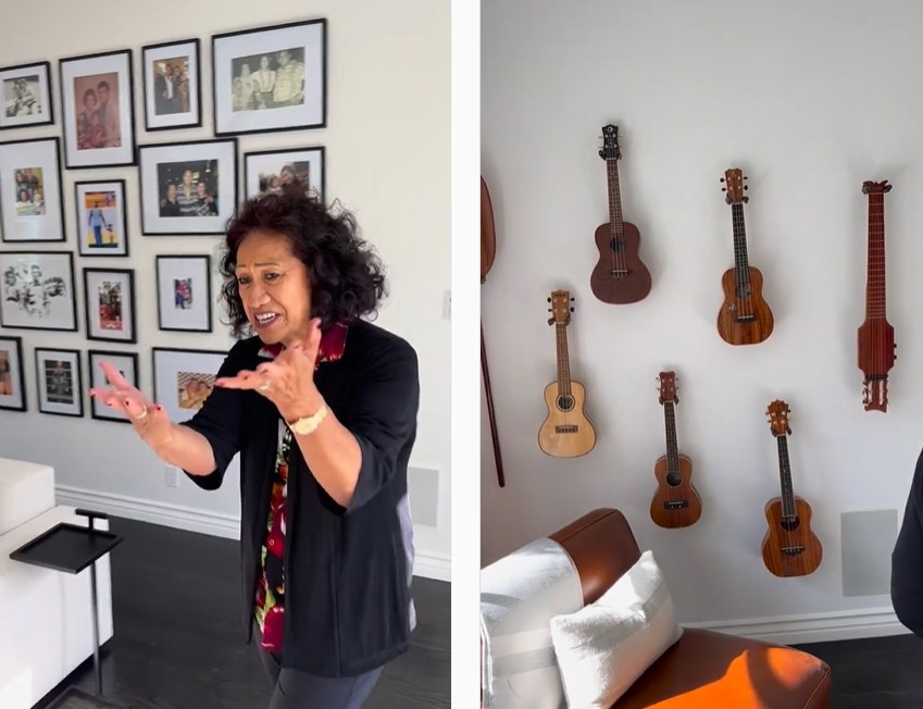 O mural de fotos e os ukuleles nas paredes da nova casa de Ata Johnson têm significado especial para ela (Foto: Reprodução / Instagram)