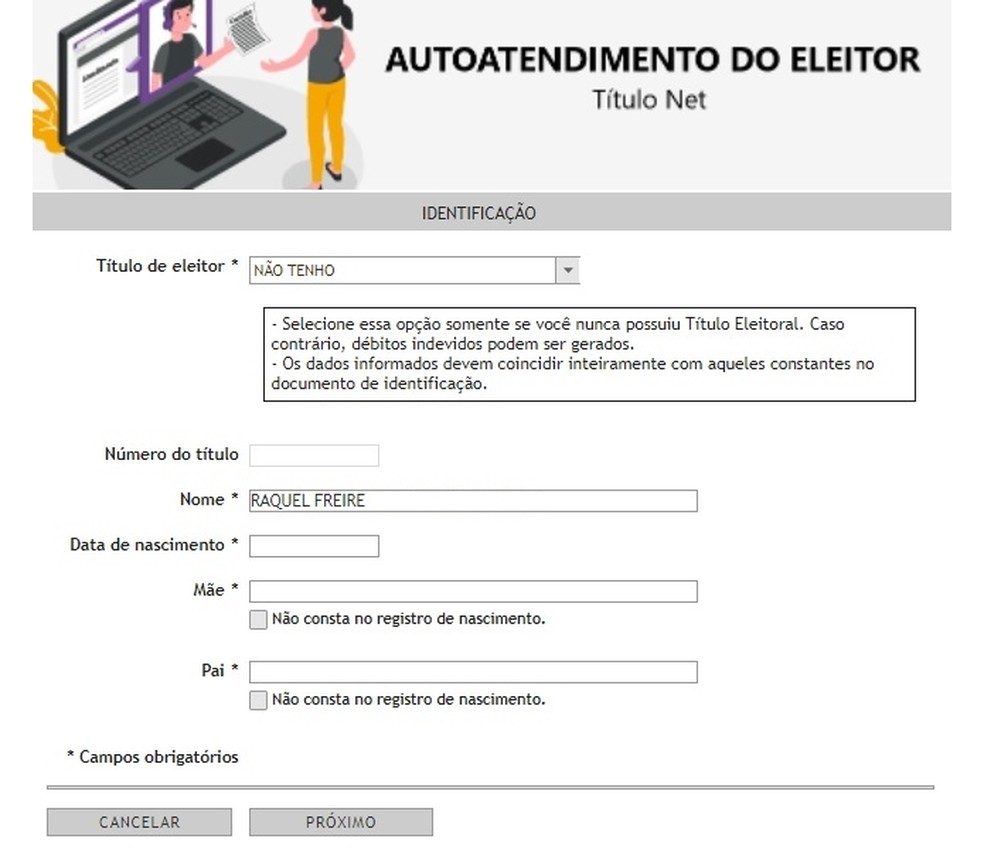 Formulário do sistema do TSE para tirar título de eleitor pela primeira vez — Foto: Reprodução/Raquel Freire