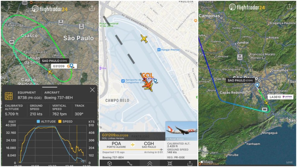 Sistemas privados de navegação registraram o momento de encontro das duas aeronaves na manhã desta segunda0feira (18), no Aeroporto de Congonhas. — Foto: Reprodução